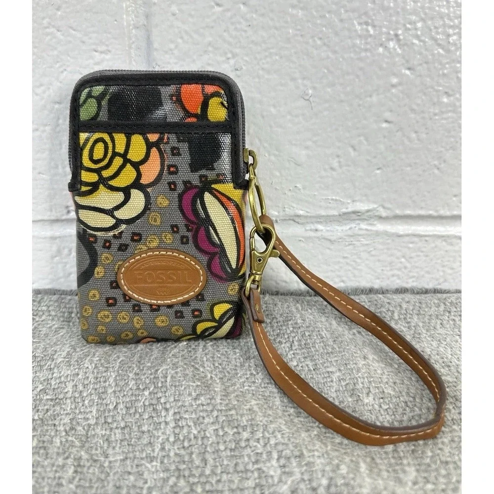 FOSSIL Keyper Carry All Orange Floral Coated Canvas Wristlet Small‎ Wallet